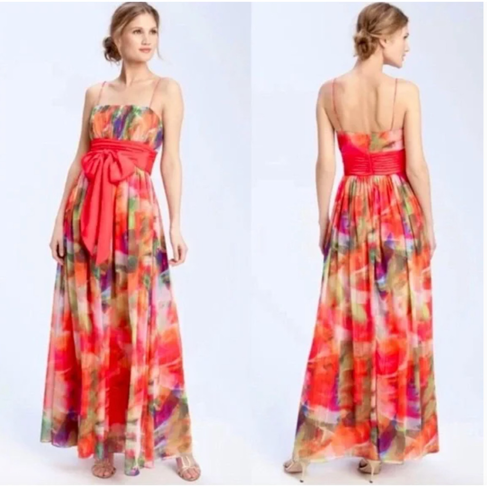 Eliza J Missy Floral Maxi Dress Womens 14‎ Coral Pink Waist Tie Flowy Wedding